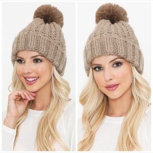 Taupe knit faux fur Pom beanie